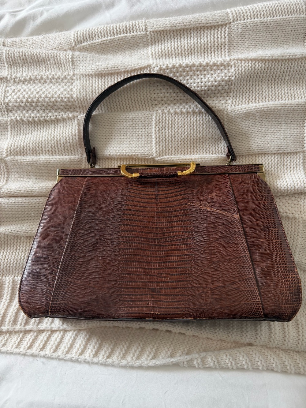 Structured Brown Lizard-Embossed Shoulder Bag with Gold Accent
